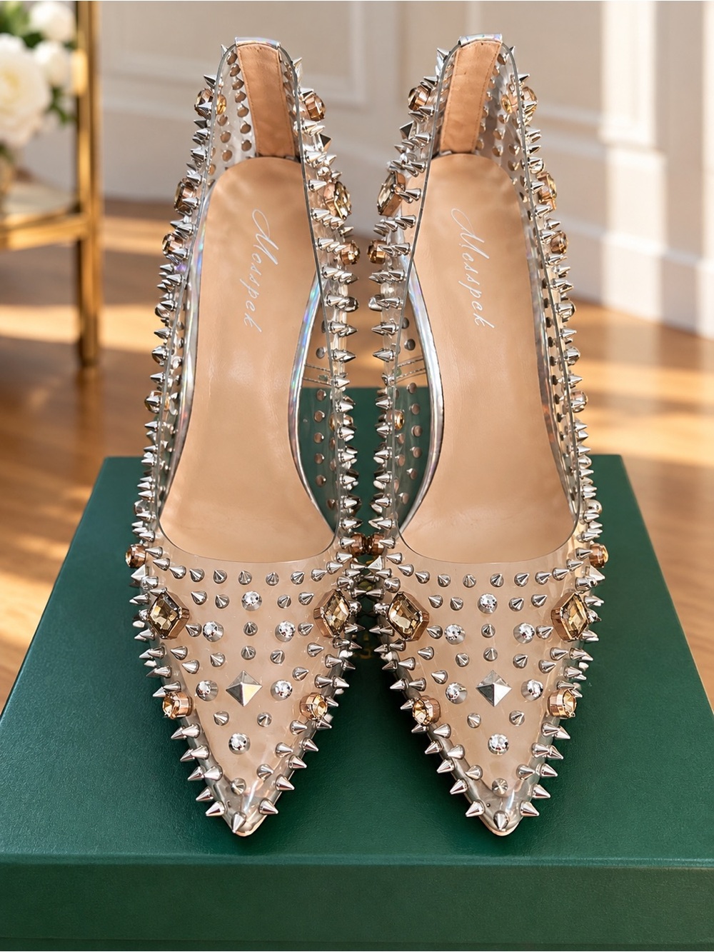 Crystal & Spike Clear Stiletto Heels – Size 8.5 Medium – BRAND NEW